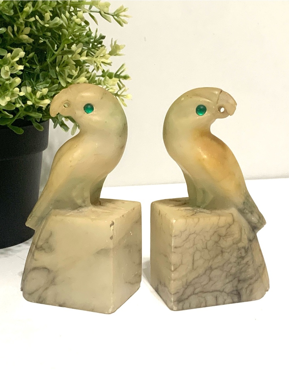 Vtg Art Deco Italian Alabaster Stone Bird Hand Carved Bookends Set Pair of 2